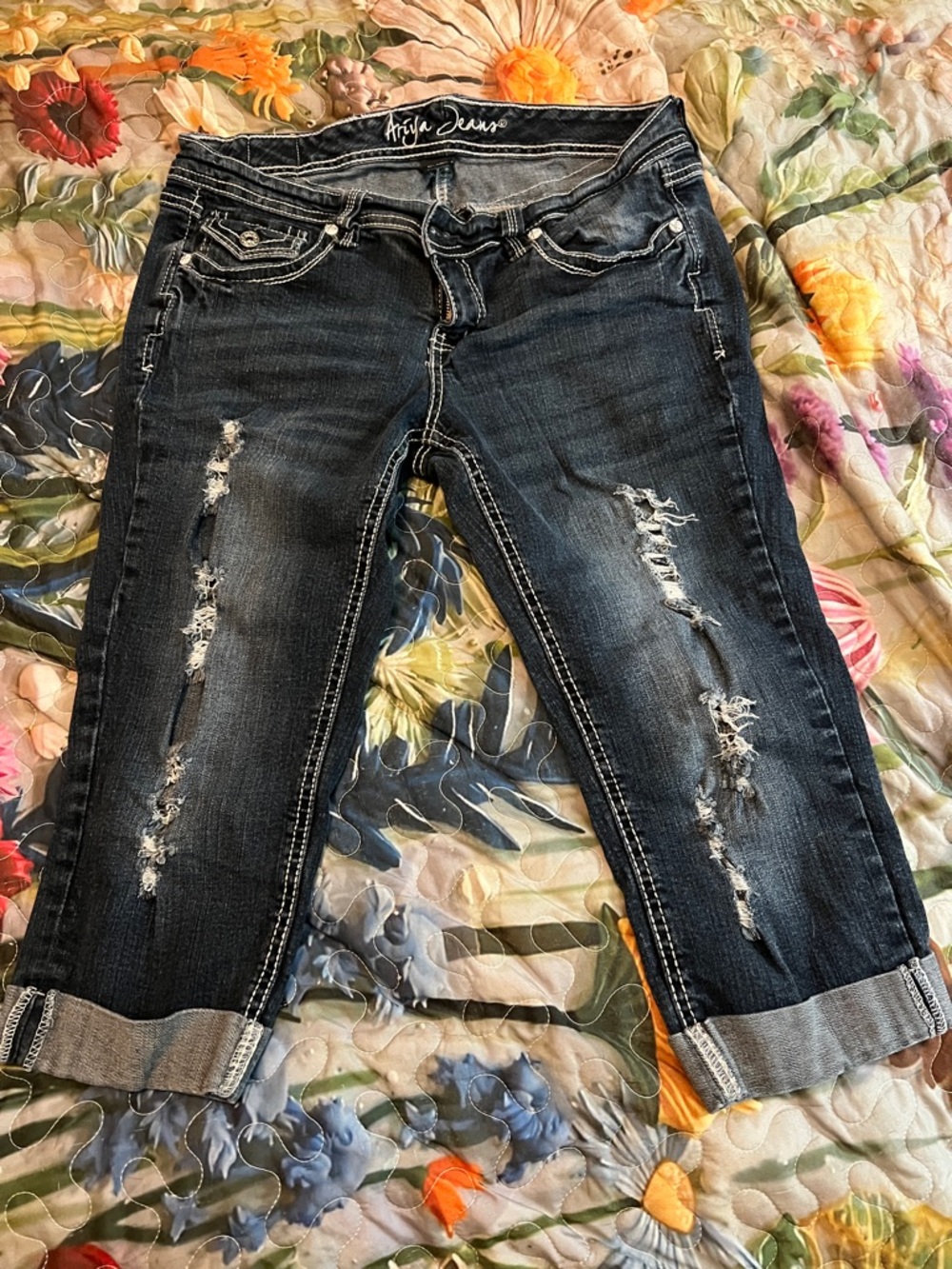 Ariya Dark Wash Distressed Cropped Jeans - Dark Blue